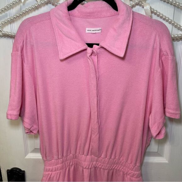 The Good American Terry Cloth Cinched Waist Pink Romper Short Sleeves - Picture 3 of 16